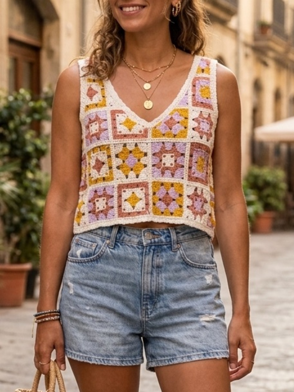 Boho Granny Square Crochet Crop Top | V-Neck Sleeveless Knit Tank